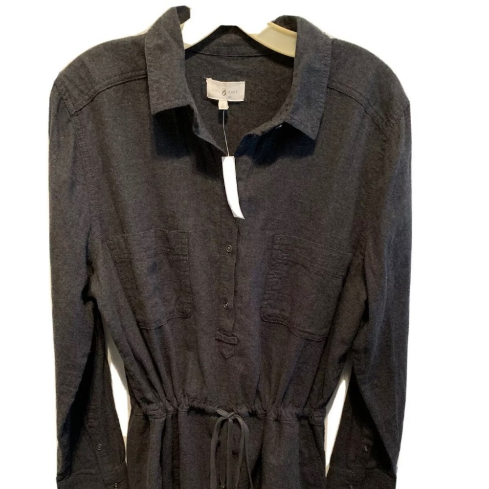 New W/tags -LOU & GREY Gray- Button Down Shirt Dress Short Casual Drawstring (L)